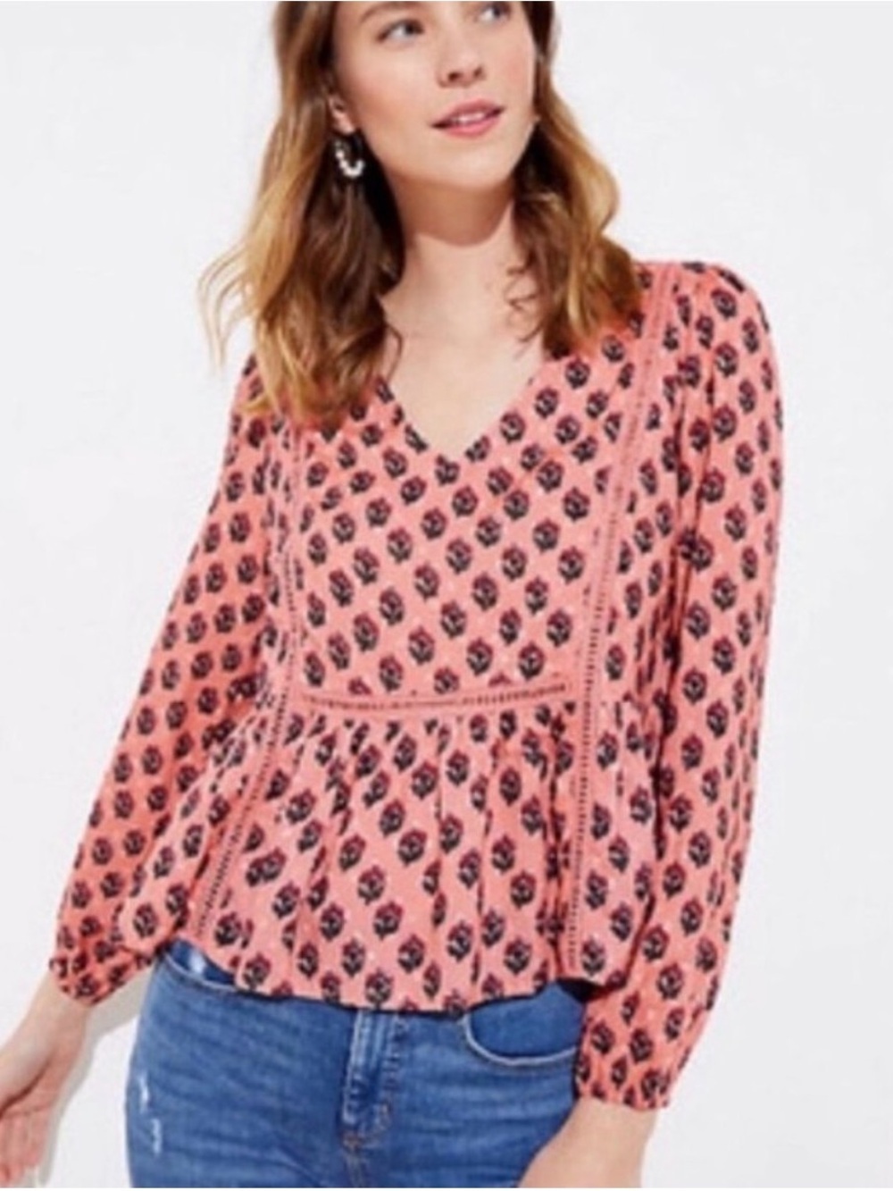 LOFT Pink Printed V-Neck Peplum Top with Black Motif